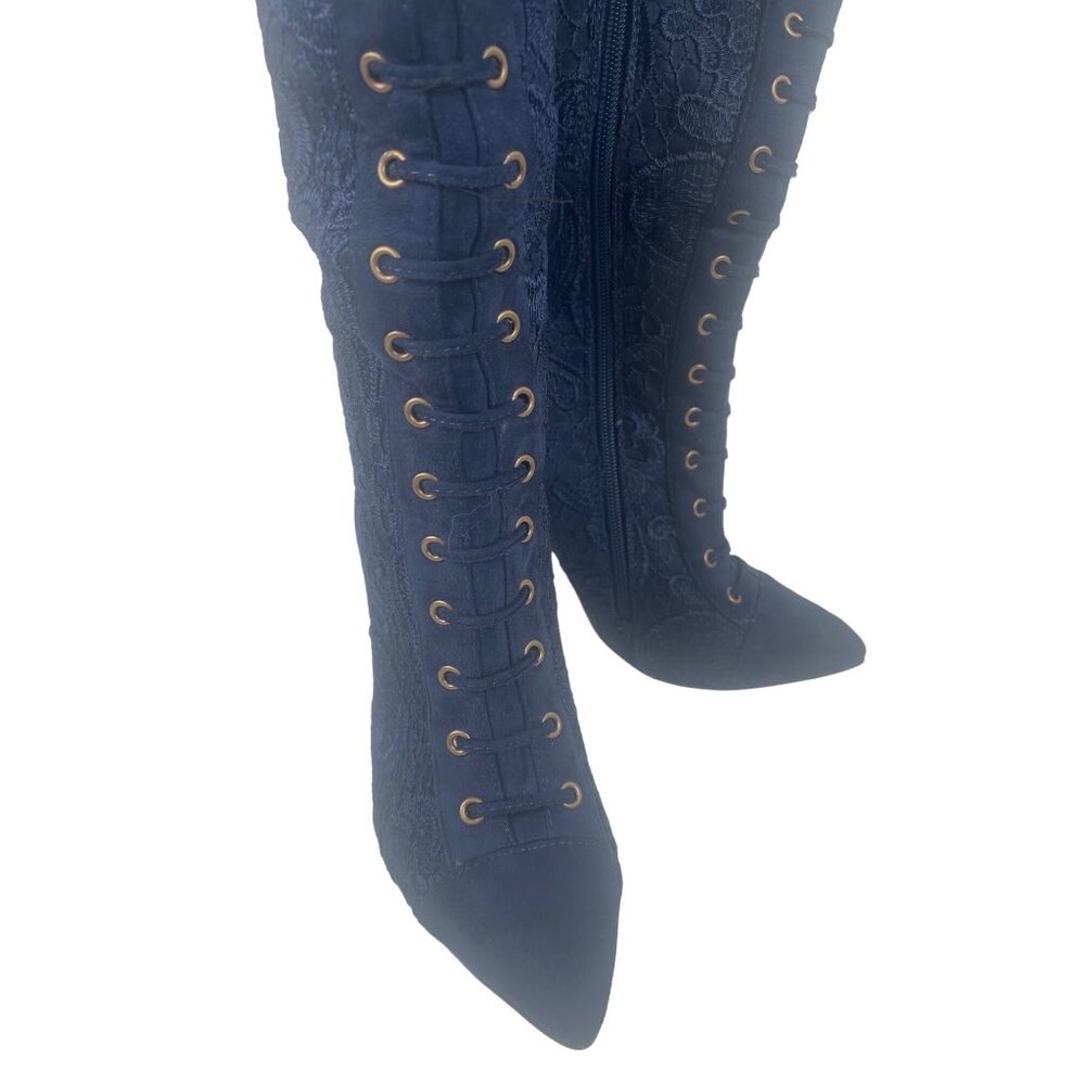 Knee-High Navy Blue Lace-Up High Boots Sz 7 Stiletto & Side Zipper Goth Witchy